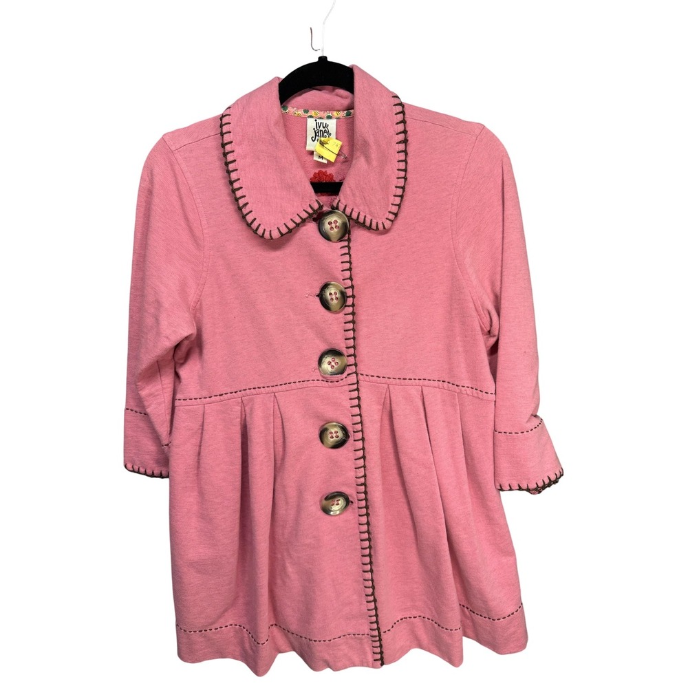 Ivy Jane Jacket Womens Medium Pink Cotton Embroidered Bird Floral Peplum 3/4